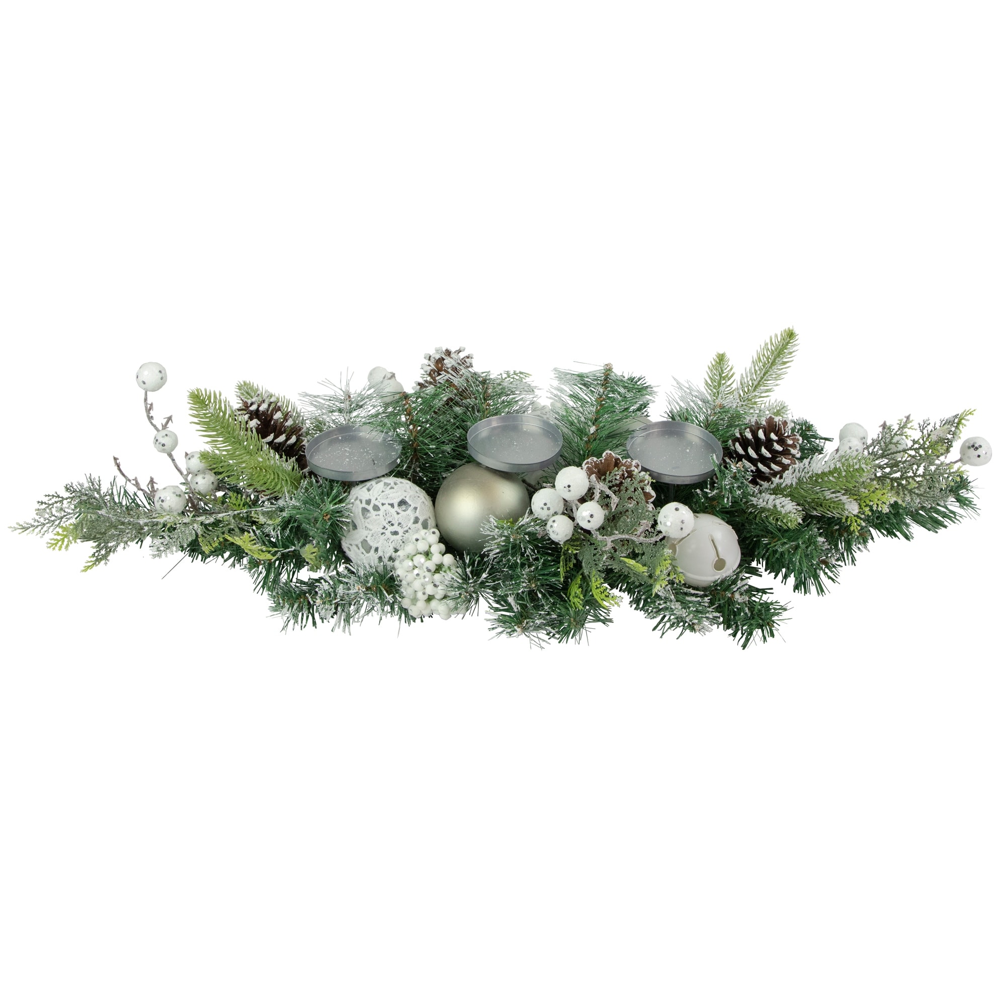 32" Green Frosted Pine Triple Candle Holder Ornaments Pinecones