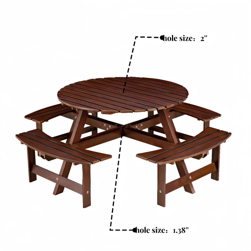 Anmytek 8 Person Round Picnic Table with Benches Solid Wood Outdoor Patio Garden Backyard Set
