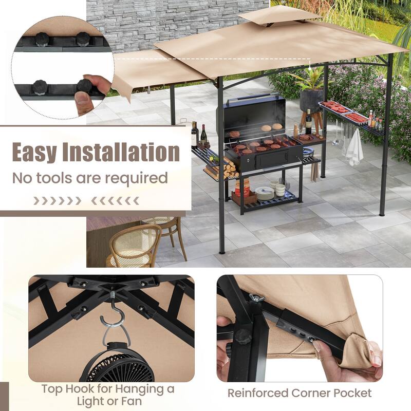 11 x 5 Feet Outdoor BBQ Shelter with Vented Canopy and Side Awning Hanging Hooks and Metal Frame Base
