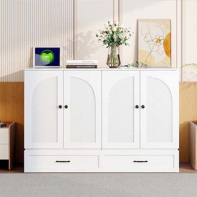 Space-Saving Full Murphy Bed with Drawers & Rattan Finish, Includes USB Port, Perfect for Multifunctional Rooms