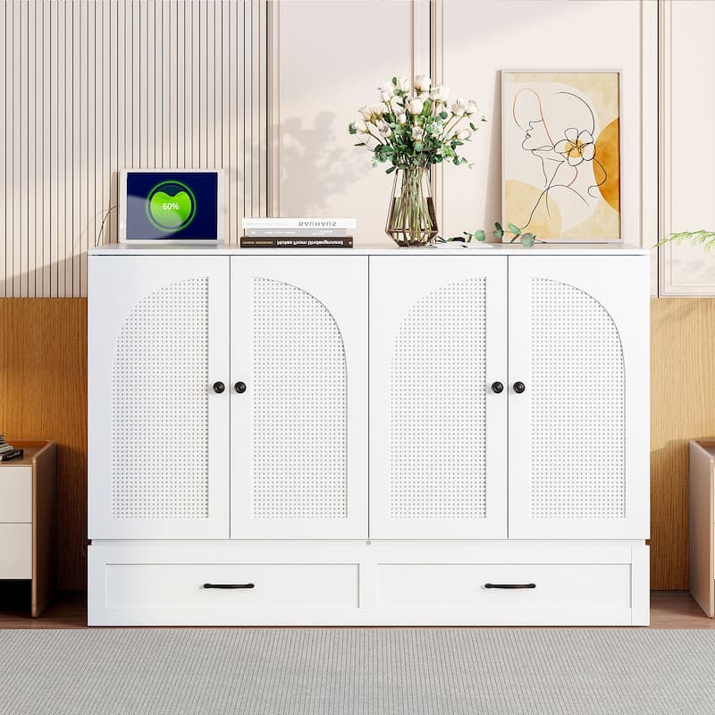 Space-Saving Full Size Murphy Bed with Large Drawers, White - White