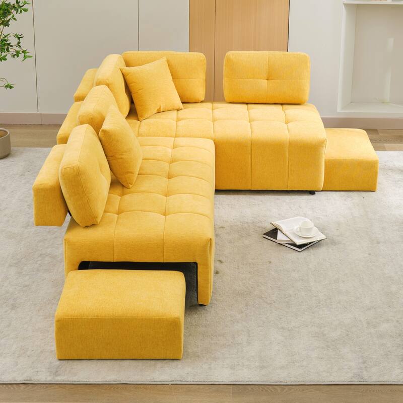 91.73" L-Shaped 4-Seat Sectional Sofa with 2 Hidden Stools, 2 Removable Lumbar Cushions, and Durable Chenille Fabric