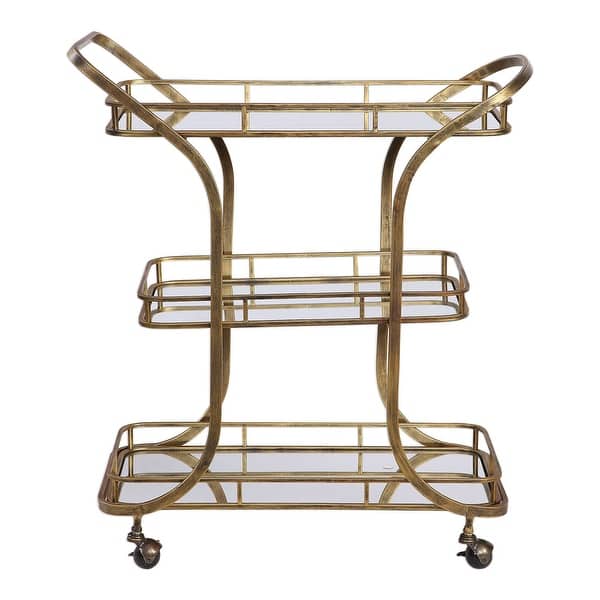 slide 2 of 5, Uttermost Stassi 33" Wide 3 Shelf Iron Serving Cart with Casters Antique Gold