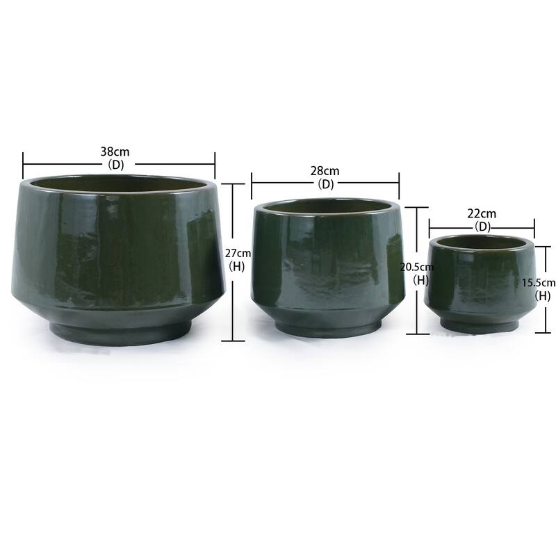 Antique Green Ceramic Planter Set of 3 - 14.7" Square Weather-Resistant Plant Pots with Drainage