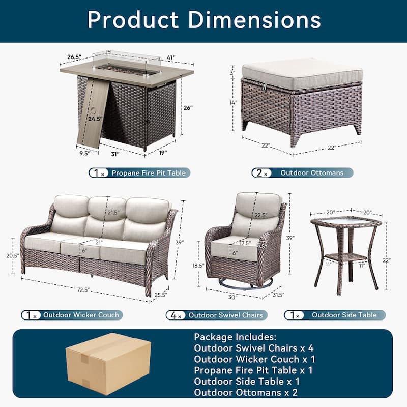 Pocassy 10 Pieces Outdoor 6 Inch Sofa Swivel Chair Ottoman with Fire Table