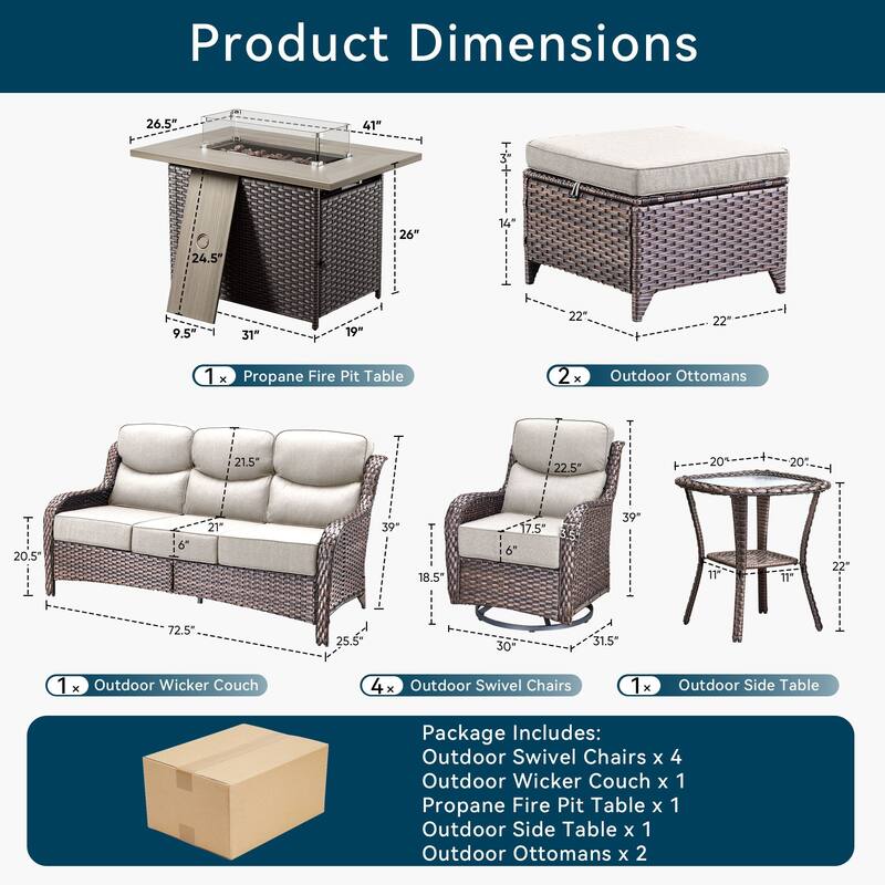 Pocassy Outdoor 6 Inch Sofa Swivel Chairs Ottoman with Fire Table Set