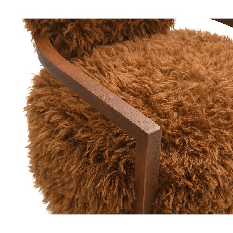 1pc Accent Chair Raked Wooden Arms Tight Back And Seat Soft Faux Fur Contemporary Living Room Furniture