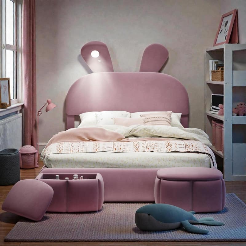 Full Size Upholstered Platform Bed with Cartoon Ears Headboard & Built-In Light