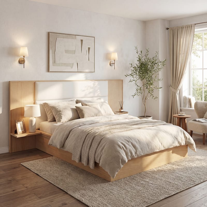 Christopher Knight Home - Avery Platform Bed Frame with Upholstered Headboard & Built-In Side Shelves, No Box Spring Needed - Light Brown+Beige - Queen