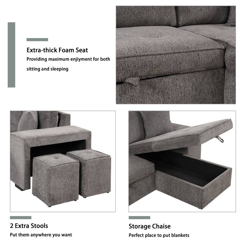 Modern L-Shape 3 Seat Reversible Sectional Couch, Pull Out Sleeper Sofa with Storage Chaise and 2 Stools