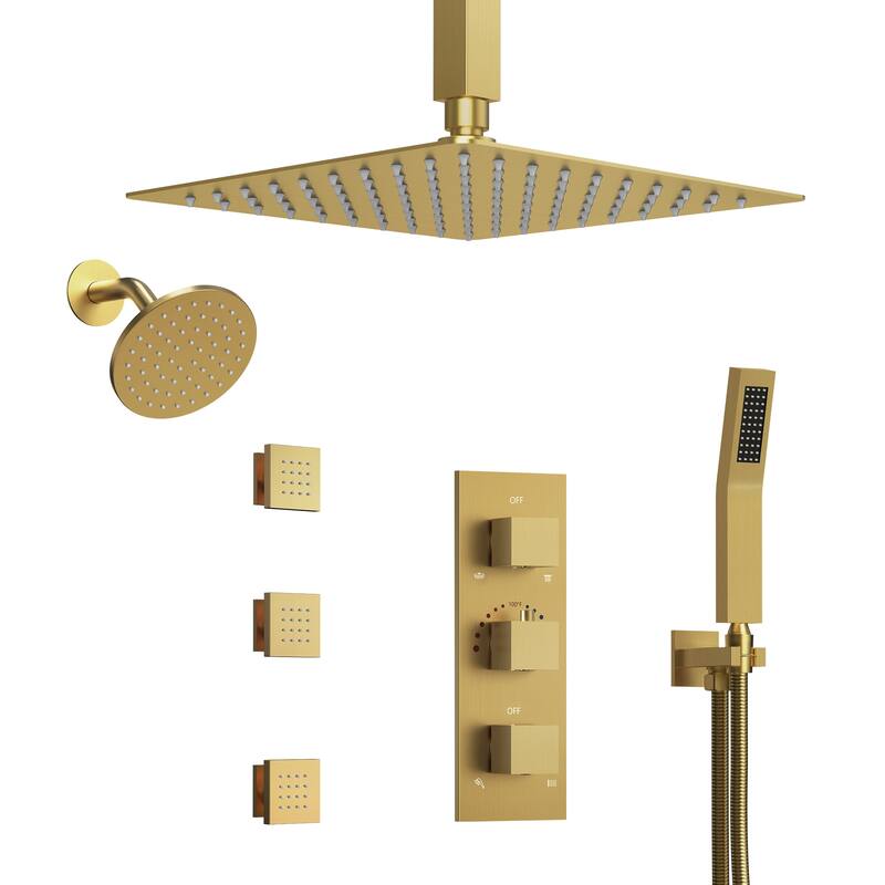 Thermostatic Dual Heads 12" Multi-Function Shower System with 3 Body Sprays