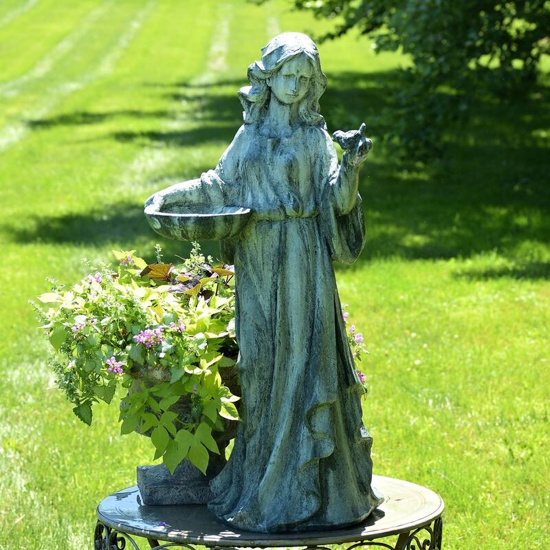 38" Standing Girl with Bird Statue
