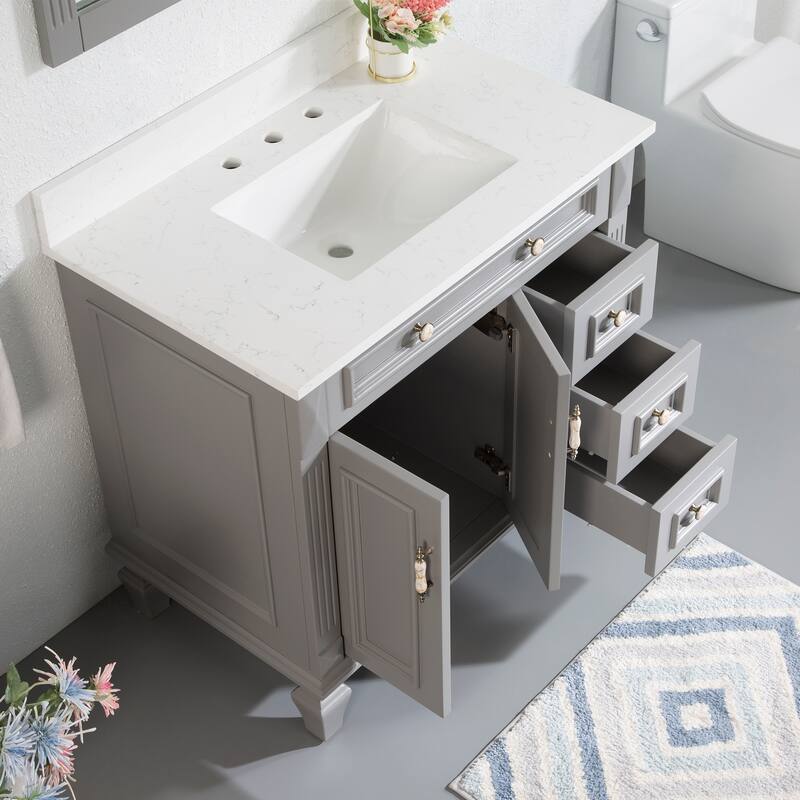 35'' H X 36'' W Solid Wood Bath Vanity with Stain-resistant Carrera Quartz Top and Single Sink