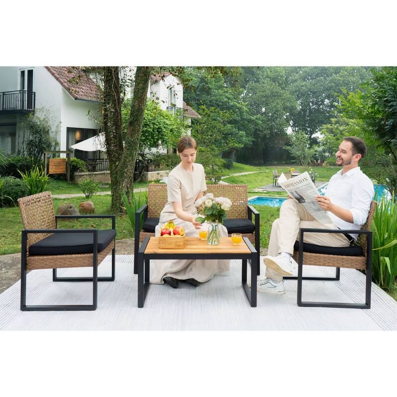 4-Piece Patio Furniture Set Outdoor Balcony Porch Garden Backyard Lawn Furniture Acacia Wood Table Top