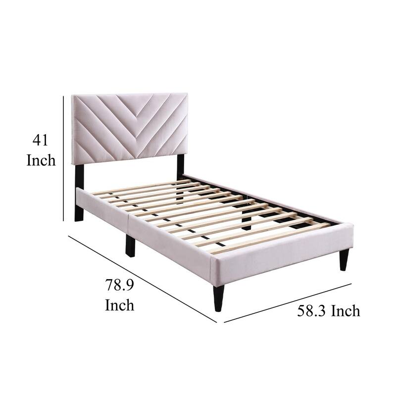 Lilian Full Bed, Tufted Light Pink Velvet Upholstery, Chevron Stitch