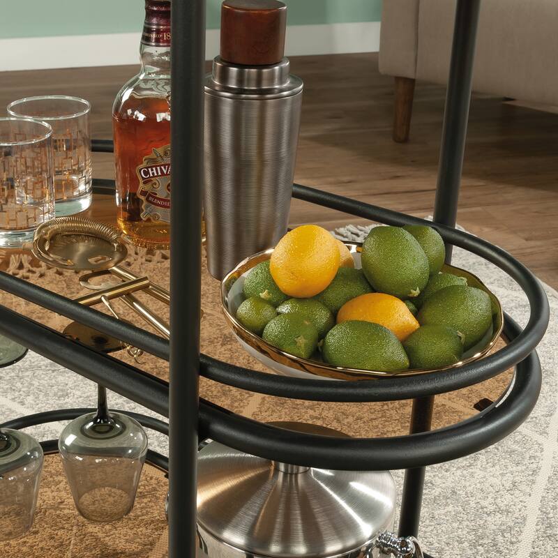 Wood Modern Bar Cart with 3 Glass Shelves, Black - 39.57" L x 15.55" W x 33.27" H