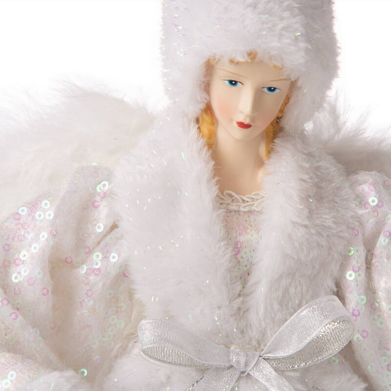 Glitzhome 15"H White Faux Fur Christmas Angel Tree Topper