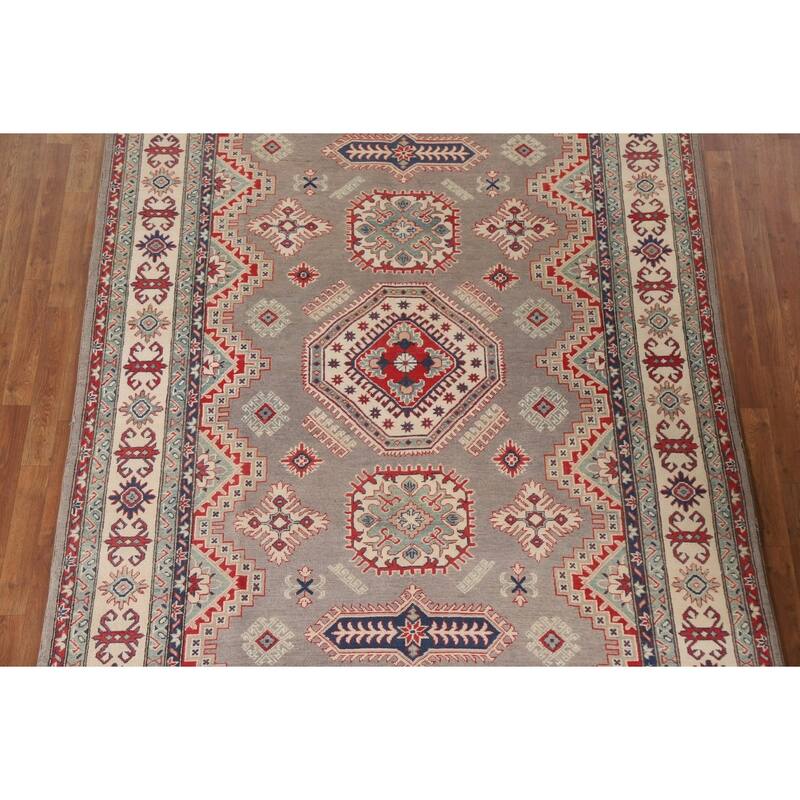 Hand Knotted Oriental 100% Wool Carpet Traditional Geometric Brown Kazak Area Rug - 9' 5'' X 6' 7''
