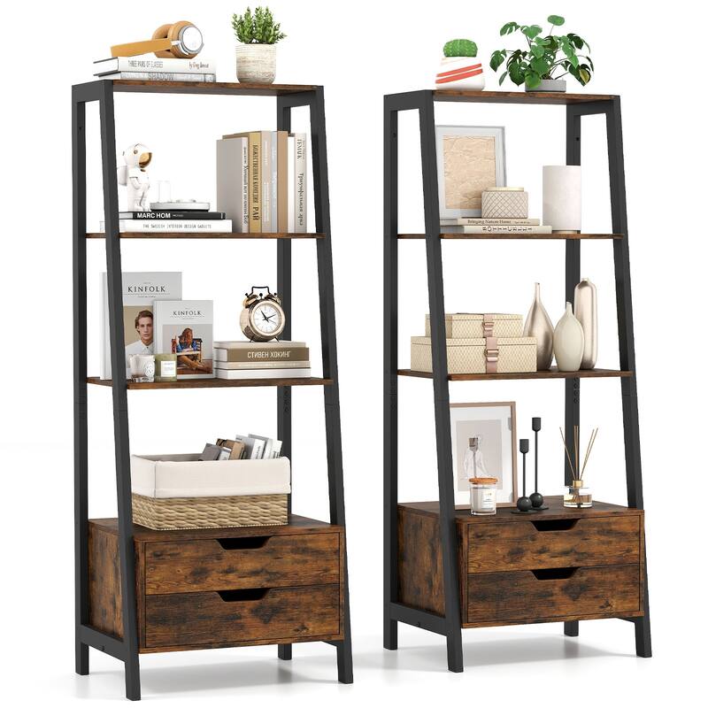 Gymax 2PCS Bookshelf w/ 2 Storage Drawers Sturdy Metal Frame - Brown