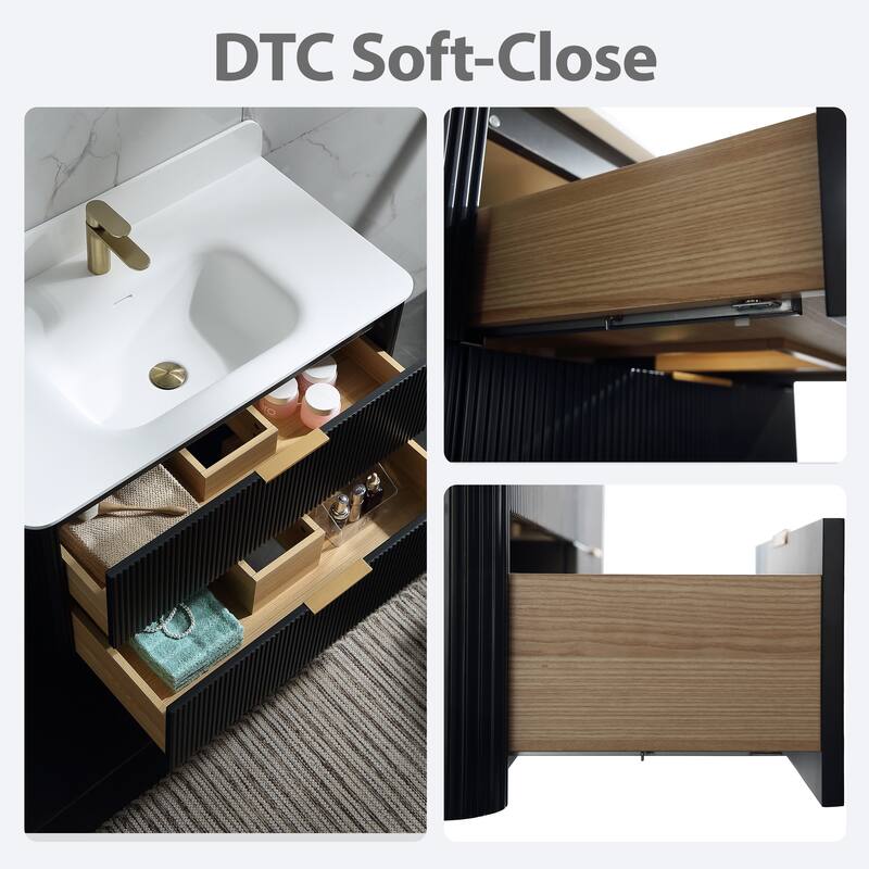 Modland Fluted Floating Vanity with Sink, Plywood Wall Mount Cabinet, Curved Edge, 24/30/36 Inch