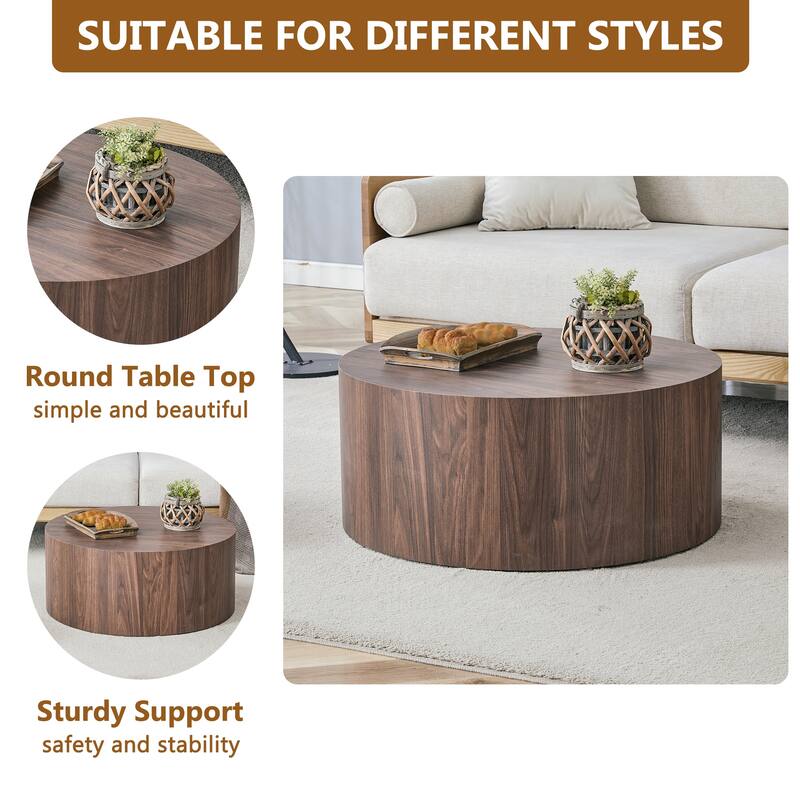 Simple deep walnut cylindrical coffee table, 27.5-inch diameter x 12 inch height,MDF material living room furniture