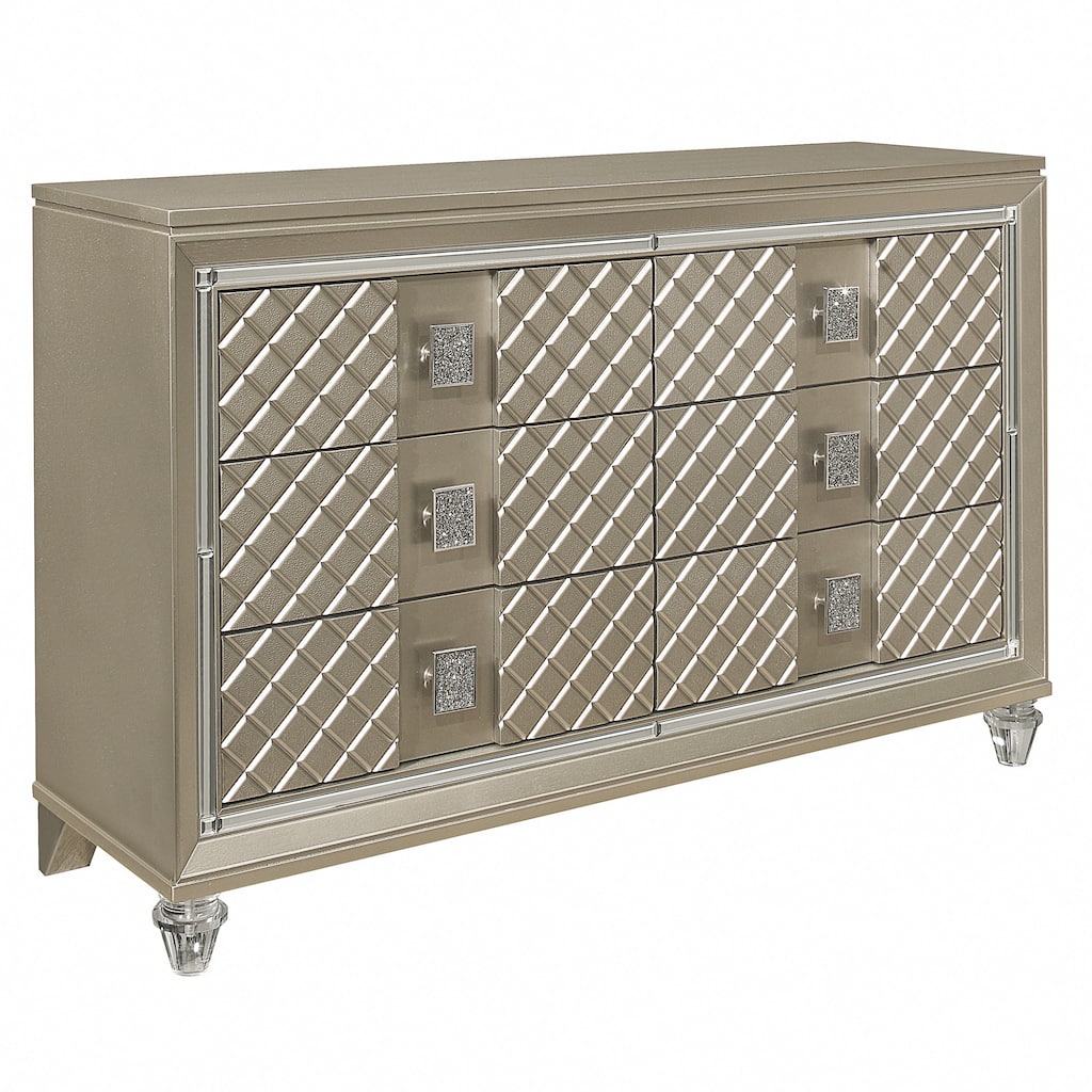 Loy Dresser, 55 Inch, 6 Drawers, Champagne Gold Metallic, Mirror Trim