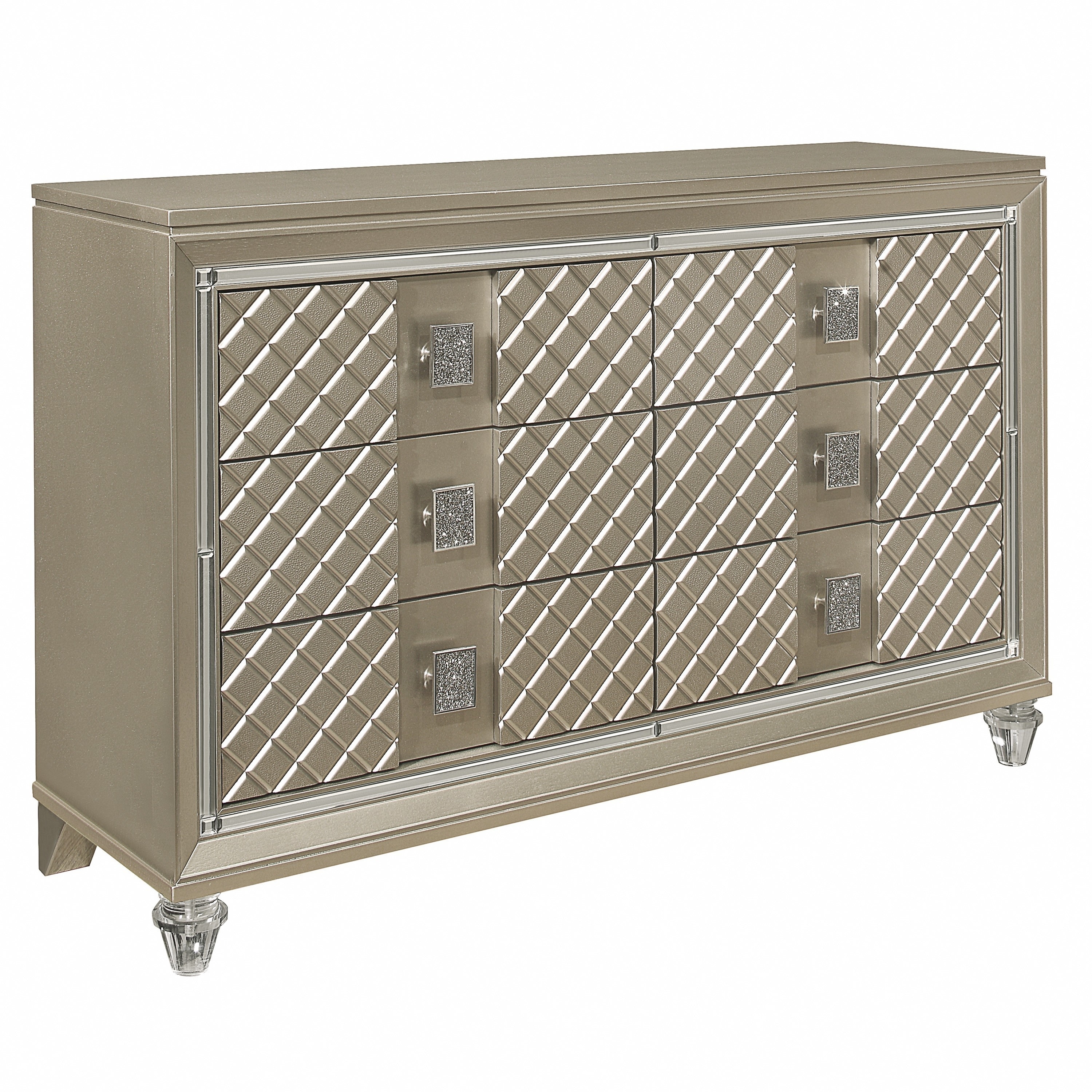 Loy Dresser, 55 Inch, 6 Drawers, Champagne Gold Metallic, Mirror Trim