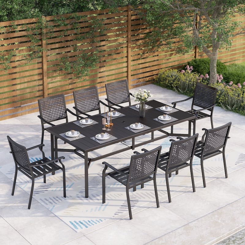 MAISON ARTS 9-Piece Patio Dining Set 1 Large Square Metal Table and 8 Stackable Chairs - Rectangular Table