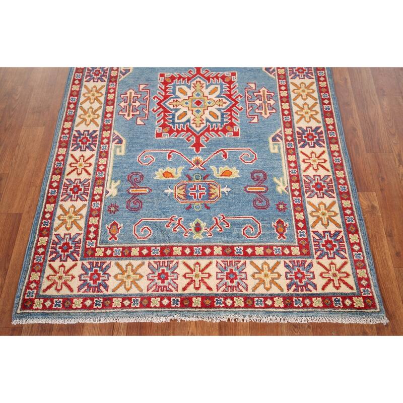 Light Blue Geometric Kazak Accent Rug Hand-Knotted Foyer Wool Carpet - 3'4" x 4'11"