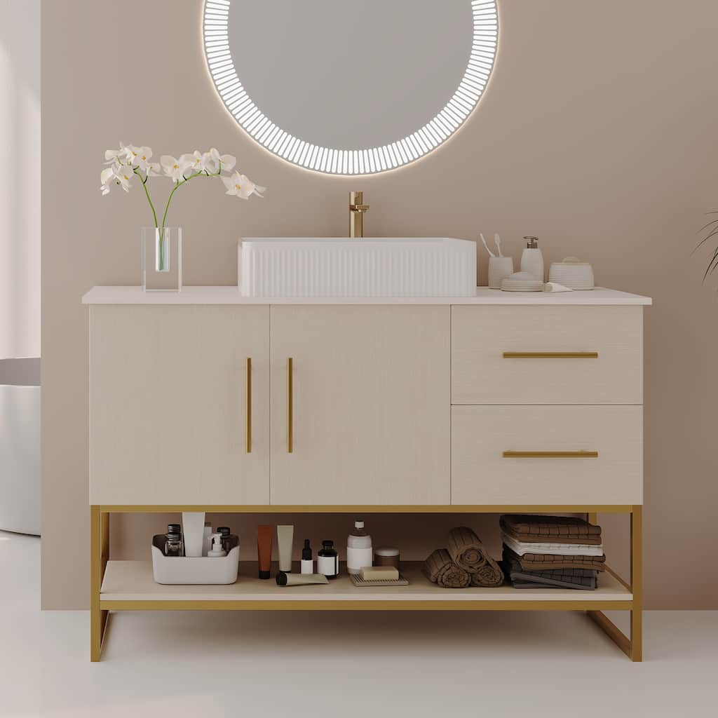 47.2 Inch Modern Bathroom Vanity with Ceramic Vessel Sink and Gold Accent