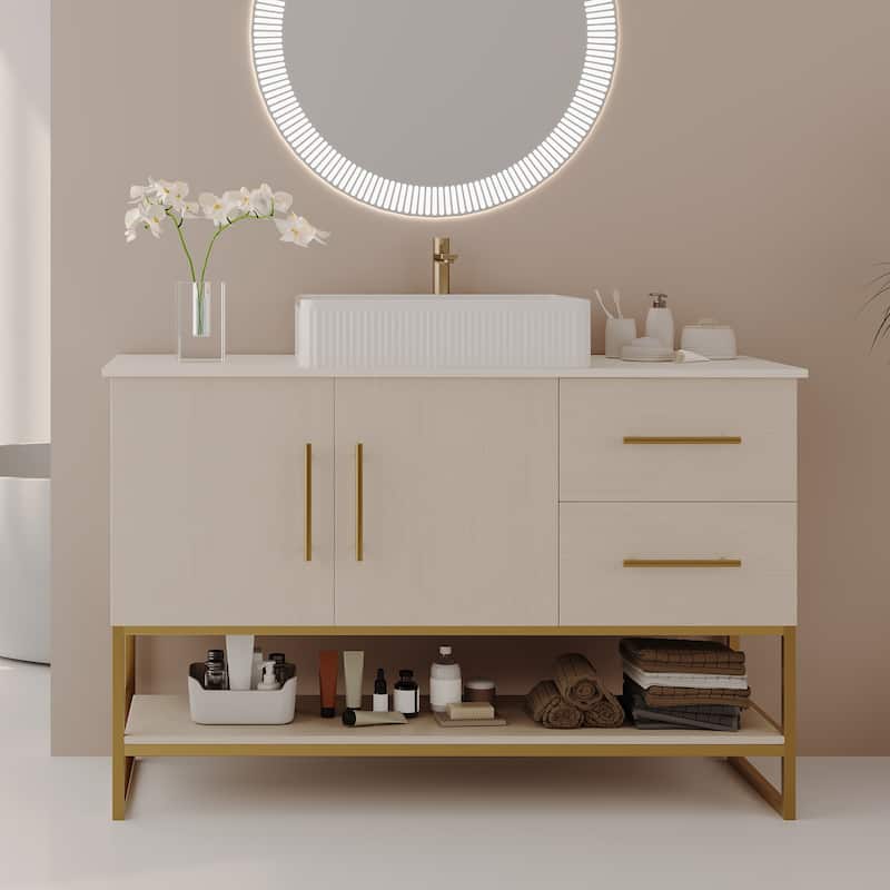Modern Bathroom Vanity with Ceramic Vessel Sink, Freestanding Bathroom Cabinet with Open Storage Shelf - 47 Inch - Ameican White Oak,Gold+White - 47 Inch