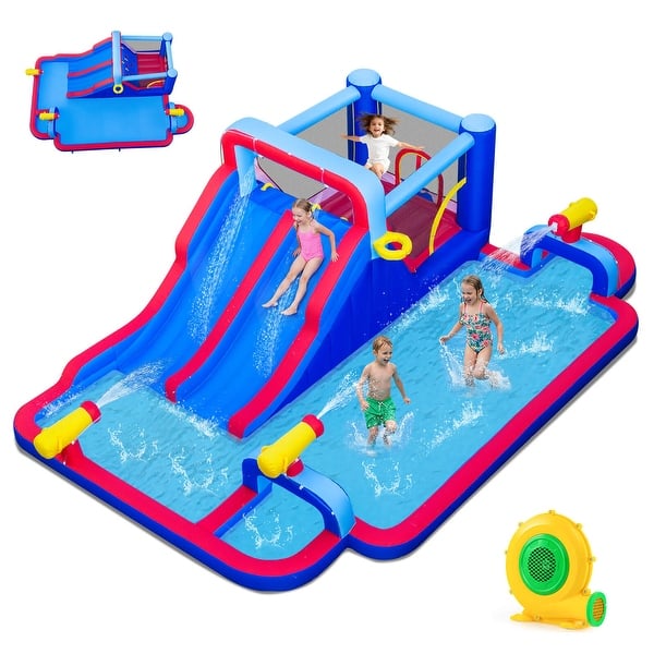 slide 2 of 10, Costway Giant Inflatable Water Slide Park with Double Slides & 3 Water - Multi-color - See Details Multi-color - See Details - Kids