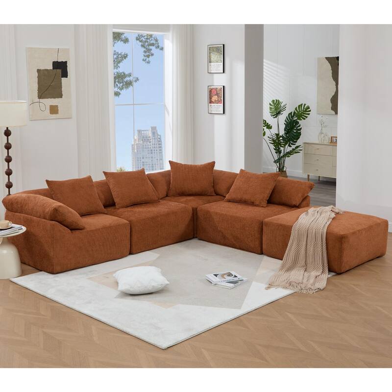 142" Chenille L-Shaped Modular Sofa with Sleeper & Ottoman