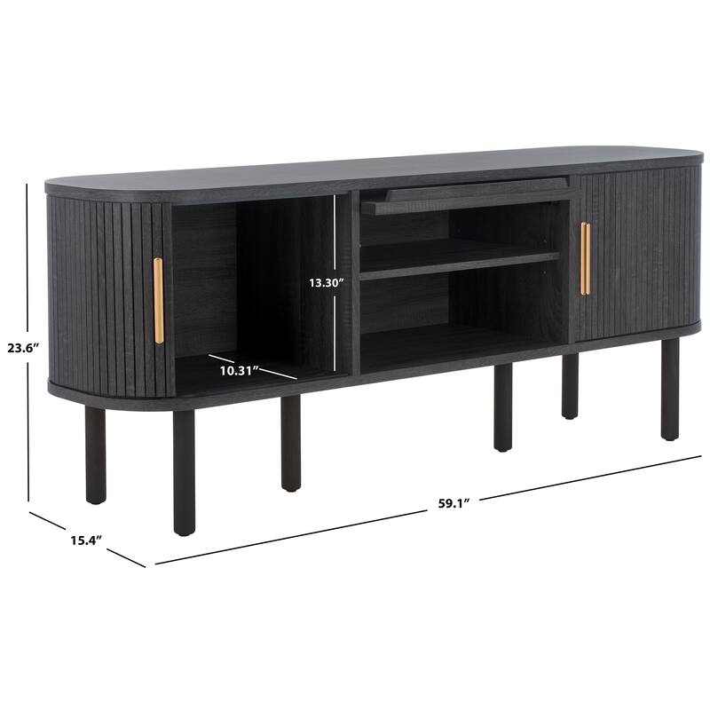 SAFAVIEH Home Tealla 2 Tambour & 1 Glass Lift Door Media Stand. - 59Wx15Dx24H - Distressed Black/Gold.