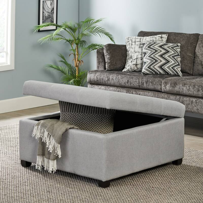 Charming Light Gray Storage Ottoman with Birch Wood Legs and Soft Close Lid