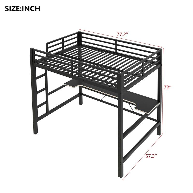 Full Size Gaming Metal Loft Bed Frame with LED Light, USB Charge Station and Desk