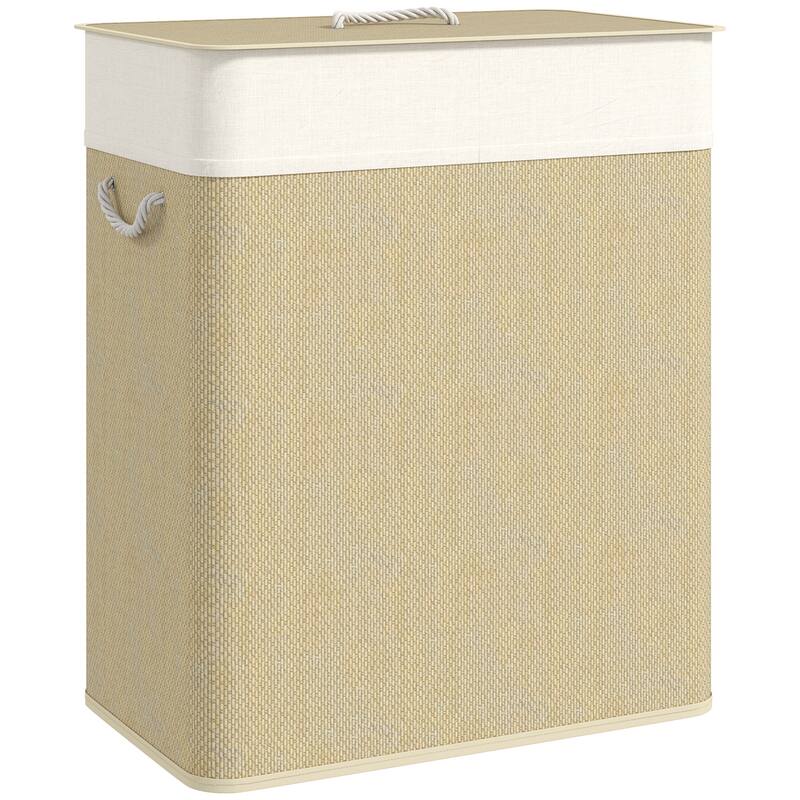 HOMCOM Double Laundry Basket with Lid, 26.4 Gallon Bamboo Laundry Hamper with Rope Handles, Clothes Hamper with Removable Liner