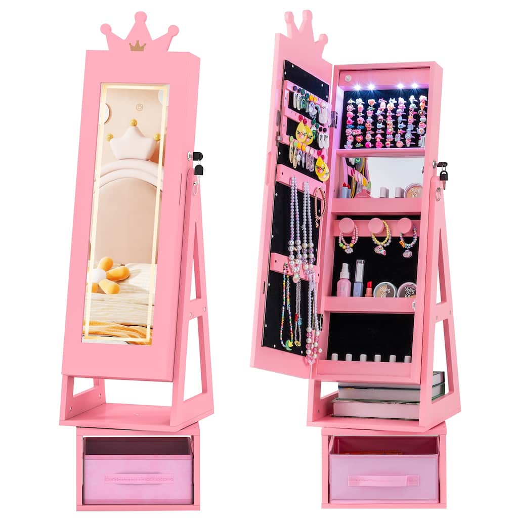 Gymax 3 In 1 Kids Jewelry Cabinet w/3-Color Lighted Full Length Mirror