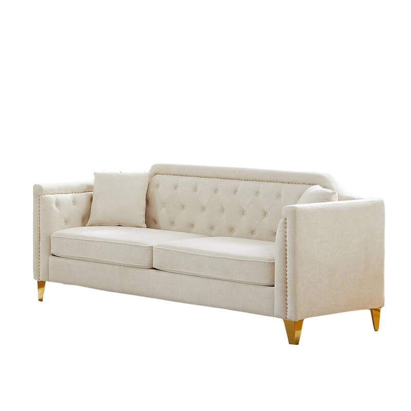 Chenille Sofa with Golden Metal Legs, 3-Seater Couch with Solid Wood Frame and 750 lbs Capacity