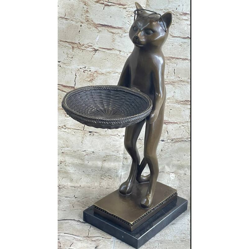 Standing Imitative Cat Business Card Holder Key Dish Bronze Sculpture Statue Figure Marble Base