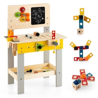 Costway Wooden Tool Bench Workbench Toy Play for Kids with Tools Set - 21'' x 12'' x 29.5''-32'' (L x W x H)
