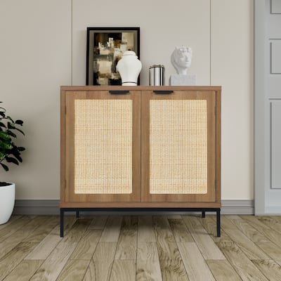 Anmytek Rustic Oak Accent Storage Cabinet with 2 Rattan Doors Mid Century Natural Wood Sideboard Furniture
