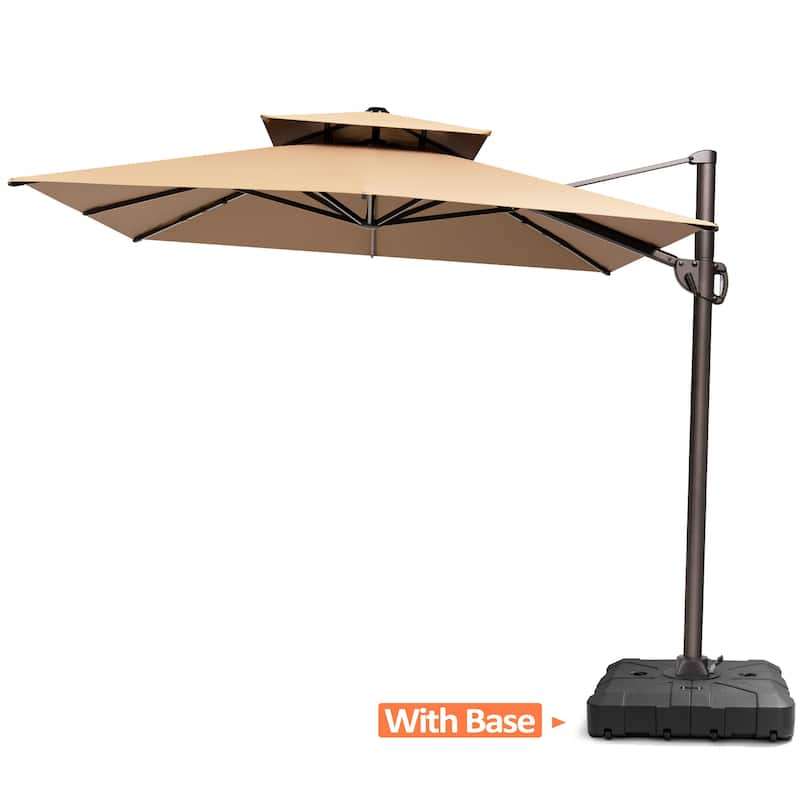 Outdoor 9x11FT Patio Umbrella Cantilever Offset with Dual Top - Tan-WithBase