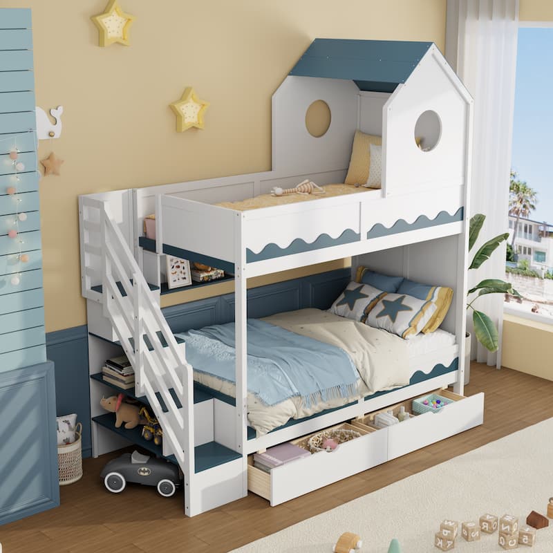 Twin Over Twin Bunk Bed with House Design, Drawer, Staircase & LED Lights