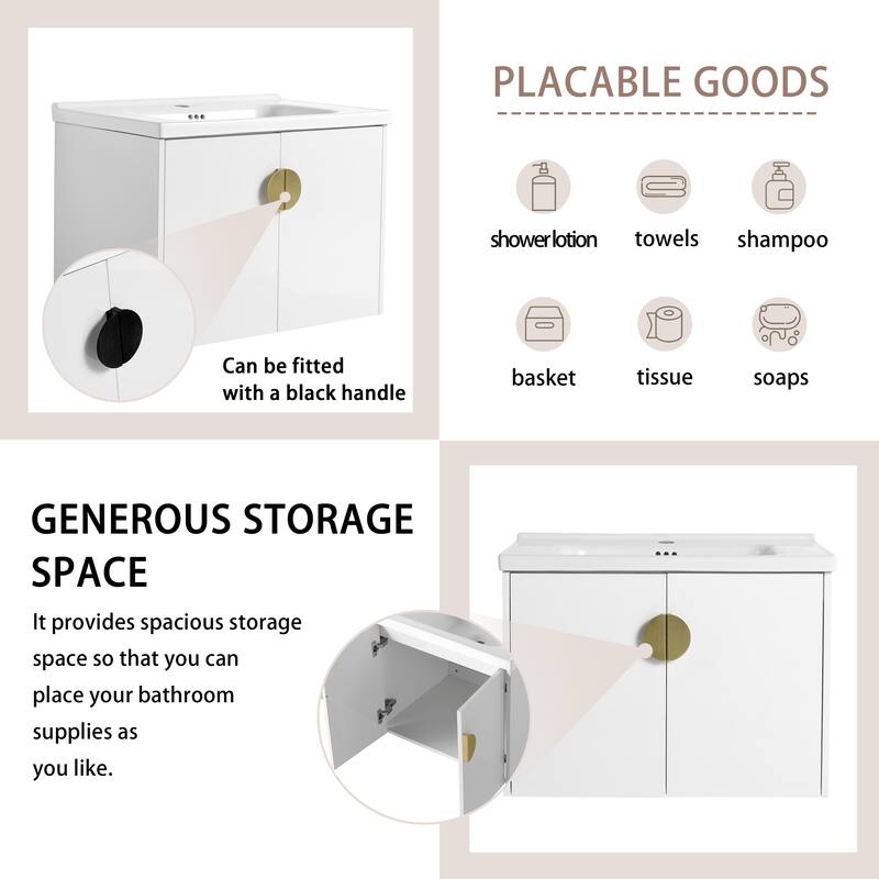 Wall-Mounted Bathroom Vanity with Ceramic Basin, Soft-Close Doors, and Customizable Metal Handles