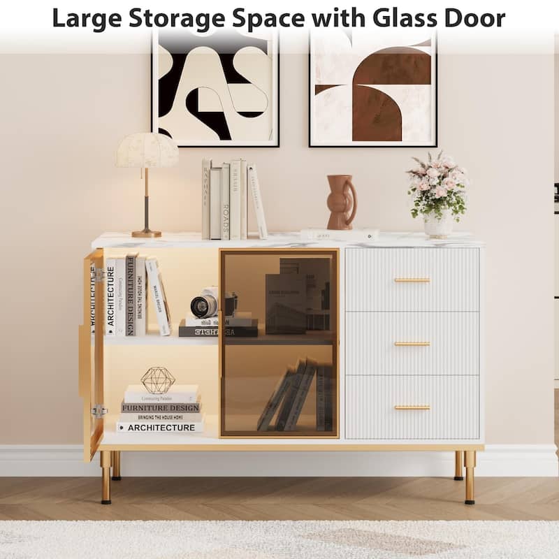 Fluted Sideboards Buffets Cabinet with Glass Doors, 3 Drawers, Marble Top Kitchen Sideboard Cabinet
