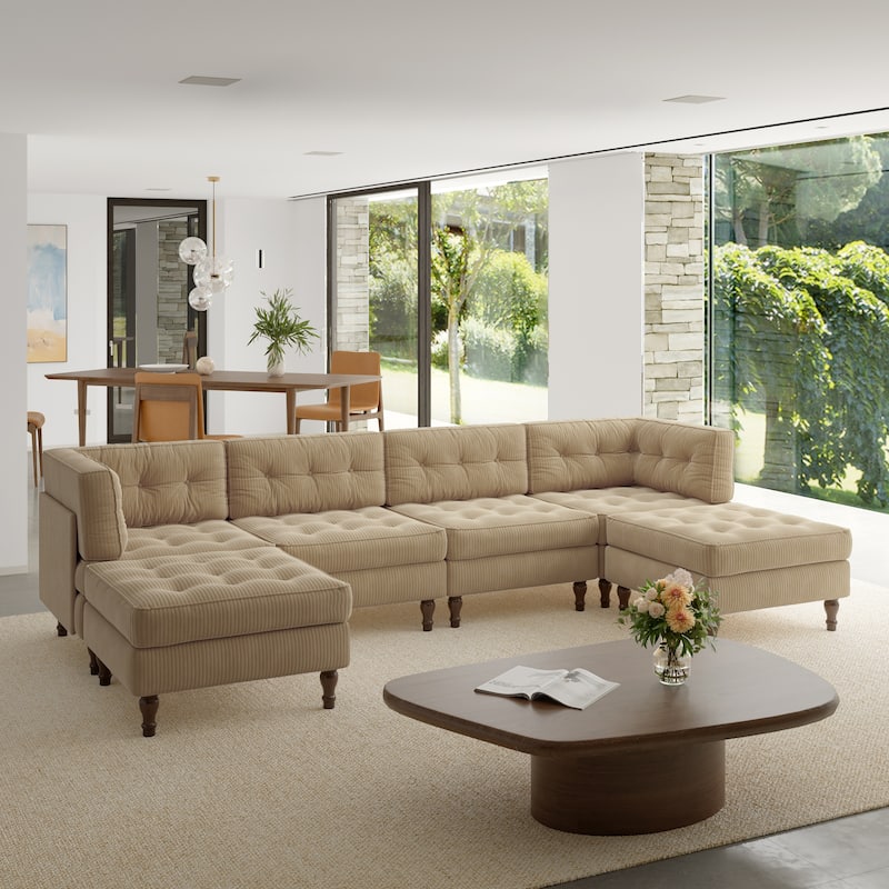 Oversized Modular Sectional Corduroy Fabric Tufted Sofa - Camel-6 peice - Symmetrical