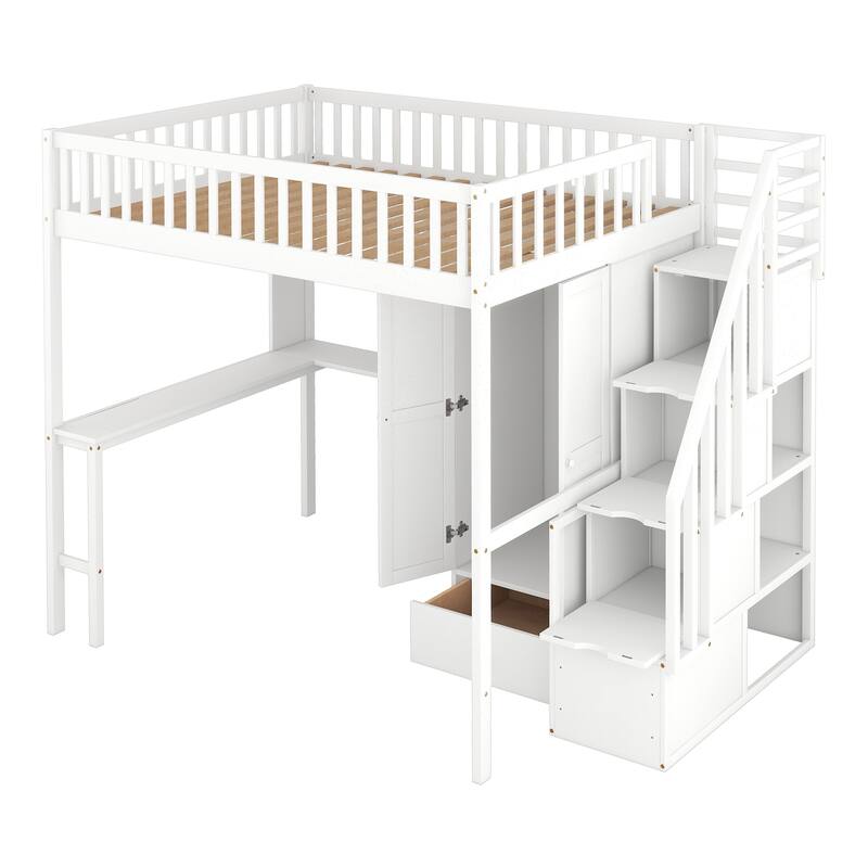 Loft Bed with Bookshelf,Drawers,Desk,and Wardrobe