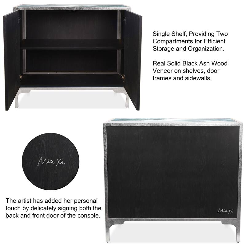 "Sapphire Sea" Reverse Printed Beveled Art Glass Cabinet Console Table and Mirror set - 42" x 37 x 17" & 48" x 32"