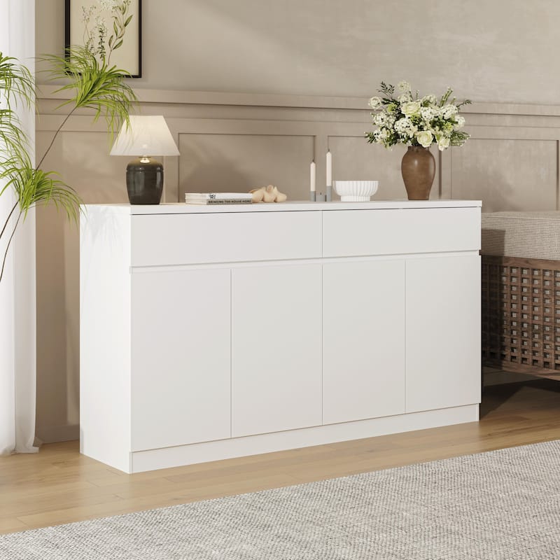 Sideboard Buffet Cabinet with Storage, 4 Doors & 2 Drawers, Wood Coffee Bar for Kitchen & Dining Room - White